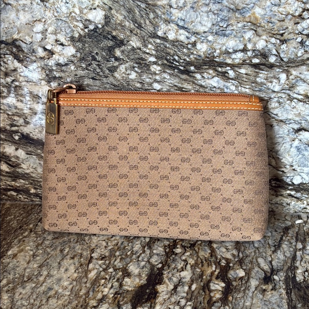 Gucci Tan Monogram Clutch with Orange Accents